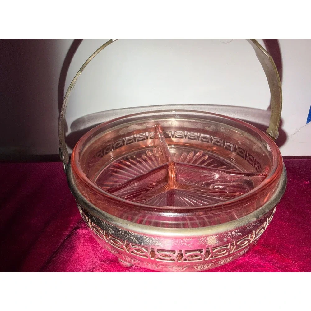Vintage 1930s Pink Depression Glass 3 Part Divided Dish in Ornate Metal Basket